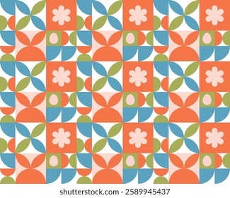 Easter seamless background with bunnies, eggs and geometric shapes. Modern template with Easter symbols in geometric style for cards, banners and posters.