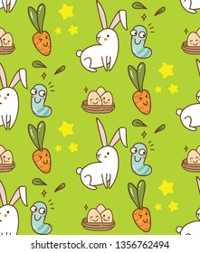 Easter seamless background with bunny, egg and carrot
