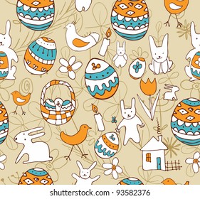 Easter. Seamless background with a children's scribble of a hare, egg, chicken, flowers, houses