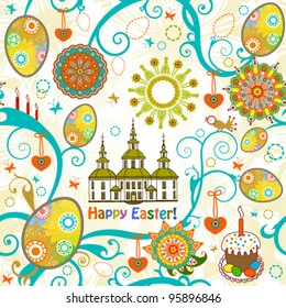 Easter seamless background with church and flowers