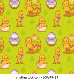 Easter Seamless Background with Cute Chicks and Eggs 