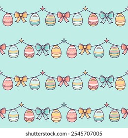 Fondo sin fisuras de Pascua con huevos de Pascua y arcos y guirnalda. Ilustración vectorial plana aislada