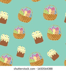 Easter seamless background with eggs and easter cake