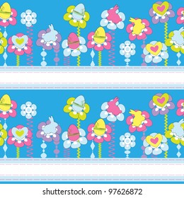 Easter seamless background with flowers and rabbits