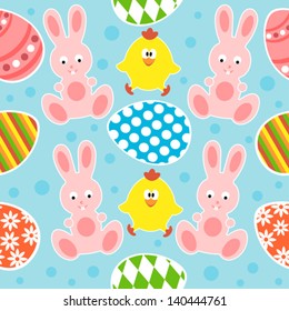 Easter seamless background with funny rabbits and chickens
