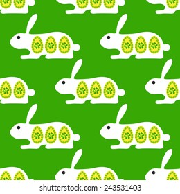 Easter seamless background with lying rabbits decorated with eggs and flowers. For wallpaper, wrapping paper, textile decoration, invitations, greeting cards, postcards
