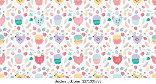 Easter seamless background. A pattern with chickens decorated with eggs, cakes, and feather