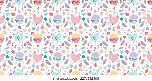 Easter seamless background. A pattern with chickens decorated with eggs, cakes, and feather