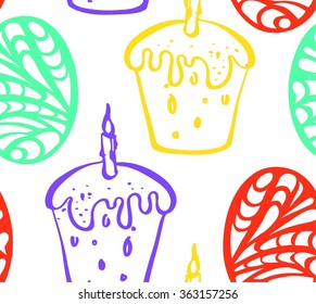 Easter seamless background pattern with hand dawn elements. Vector illustration.