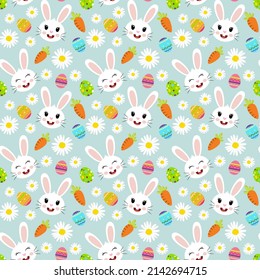 Easter seamless background with rabbit face, carrots and eggs

