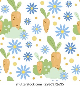 Easter Seamless background, vegetable garden pattern, carrots, blue flowers, daisies, dots. Cartoon character illustration, vector hand drawing. Cute clipart in pastel colors on a white background. 