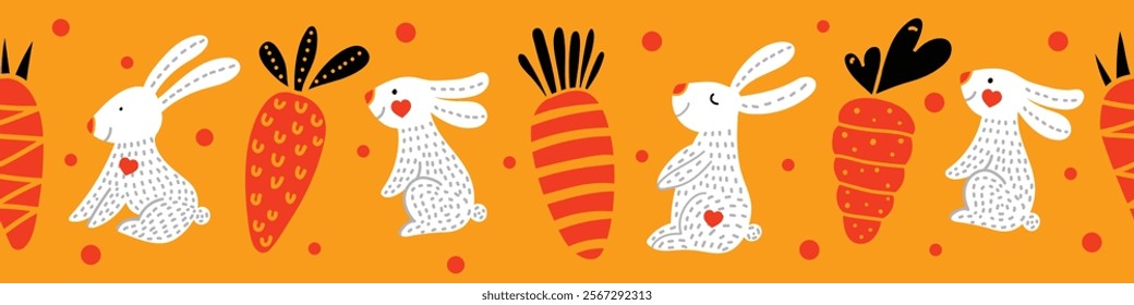  Easter seamless banner of carrots and a cute bunny. Cartoon illustration.