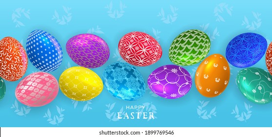 Easter seamless border with 3d eggs end flowers.