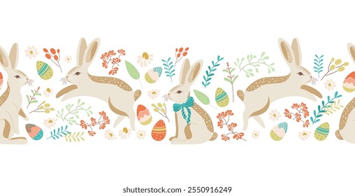 Borde sin fisuras de Pascua con conejos y huevos en el prado de flores sobre fondo transparente. Patrón Horizontal inconsútil dibujado a mano encantador, huevos lindos del doodle, grande para las materias textiles, Anuncios, Fondo de pantalla