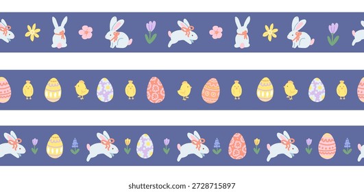 Frontera sin fisuras de Pascua con conejos, huevos y polluelos sobre fondo oscuro. Tira de patrón decorativo de vacaciones de primavera pastel. 