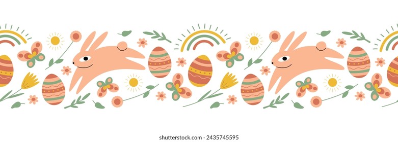 Frontera sin costuras de Pascua. Conejito de Pascua, huevos de Pascua y plantas. Ilustración aislada del vector para su diseño.