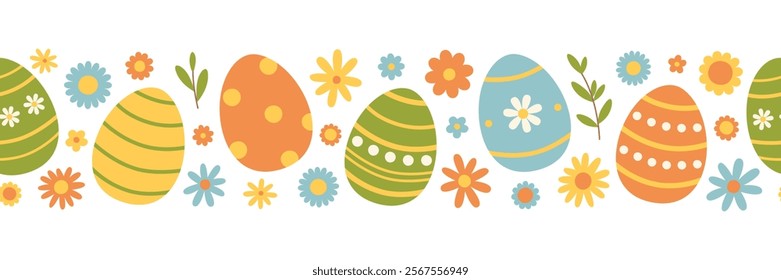 Easter seamless border with colorful eggs and flowers in green, yellow, blue and orange colors. Cute horizontal pattern. Holiday repeating banner. Vector flat illustration for greeting card, print