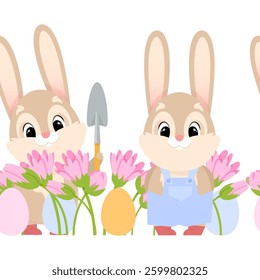 Easter seamless border of cute cartoon bunnies with garden tools, flowers and eggs