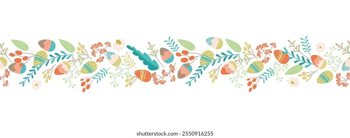 Easter seamless border with decorative eggs in flower meadow on transparent background. Lovely hand drawn horizontal seamless pattern, cute doodle eggs, great for textiles, banners, wallpaper