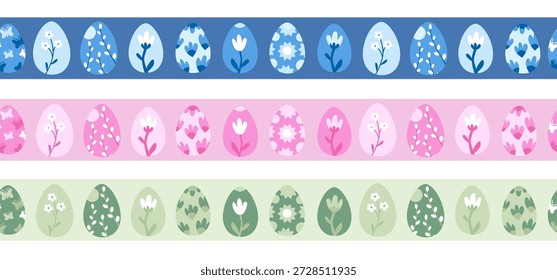 Borde sin fisuras de Pascua con huevos decorativos y adornos florales. Tira de patrón de vacaciones de primavera pastel. Concepto de diseño de celebración de Pascua para diseño e impresión.