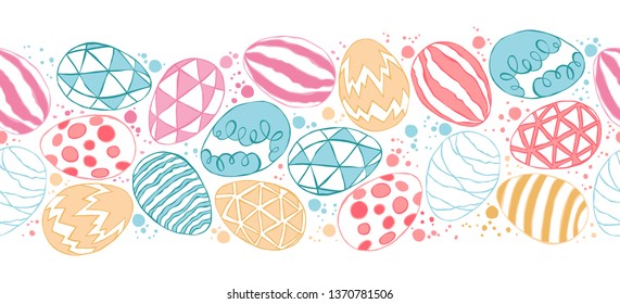 Easter seamless border. Easter eggs. Horizontal frame.