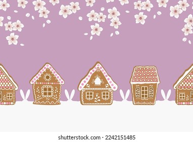 Easter seamless border. Gingerbread village. Spring landscape. gingerbread houses, blooming branches trees, Easter bunny ears on purple background. Greeting card template. Vector