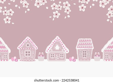 Frontera perfecta de Pascua. Aldea de pan de jengibre. Paisaje de primavera. Casas de jengibre rosado, ramas florecientes, huevos, cestas de huevos de Pascua sobre fondo rosado. Plantilla de tarjeta de felicitación. Vector