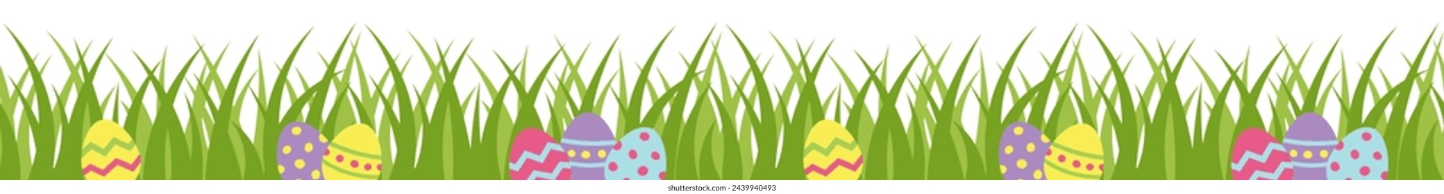 Easter seamless border with grass and painted eggs. Egg hunt. Vector.