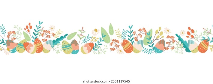 Borde sin fisuras de Pascua con huevos decorativos dibujados a mano en el prado de flores sobre fondo transparente. Lindo patrón Horizontal de Vector, perfecto para textiles, Anuncios, Fondos de pantalla y diseños festivos.