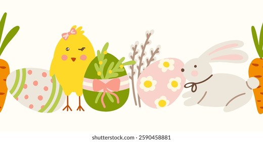 Easter seamless border pattern with bunny eggs and chick vector illustration