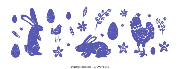 Nahtlose Ostergrenze mit Kaninchen, Hühnern, Küken, Eiern und Blumen im handgezeichneten Volkskunststil auf weißem Hintergrund. Naive Kunst Osterbauernhof Illustrationsstreifen für Design und Druck.
