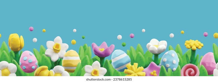 Frontera perfecta de Semana Santa, ilustración vectorial 3D realista. Banner horizontal lindo para el diseño de primavera. Flores de dibujos animados, hierba verde de pradera y coloridos huevos de Pascua. Elemento decorativo en el arte plastico