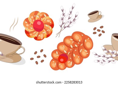 Easter seamless border of sweet braided bread greek Tsureki, a cup of aromatic coffee and branches with blossomes. Spring vector illustration.