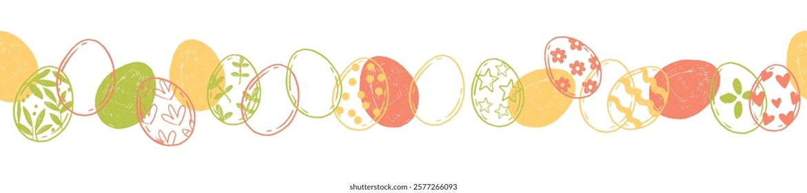 Easter seamless border, vector doodle traditional painted egg frame, spring holiday line decoration. Colorful festive banner cartoon greeting holy Sunday print. Easter border pencil texture background