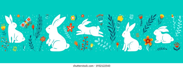 Ilustración vectorial de borde transparente de Semana Santa. Patrón de vacaciones con lindos conejillos blancos, flores de colores, plantas aisladas en un fondo azul. Sencillo estilo plano.