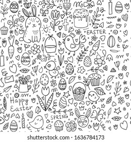 Easter seamless doodle background and spring elements: chickens, eggs, flowers, tulips and Easter rabbits