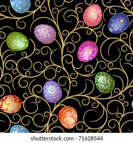 Easter seamless with eggs on the black background.  Clipping Mask