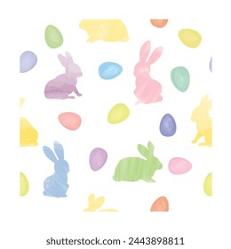 Easter seamless gentle vector pattern with bunnies and easter eggs over white background. Easter holiday decor for website, package, greeting card design