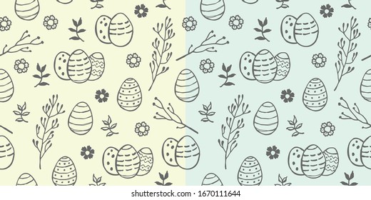 Easter seamless hand drawn pattern with cute outlined grey painted easter eggs with spring leaves, twigs and flowers isolated on yellow and light blue background. Doodle style. Vector eps10.