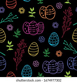 Easter seamless hand drawn pattern with cute chalk outlined colourful painted easter eggs, green spring leaves, twigs and flowers on black blackboard background. Doodle chalkcoal style. Vector eps10.