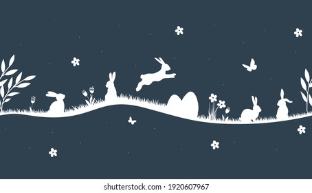 Easter seamless horizontal pattern with bunnies and flowers.