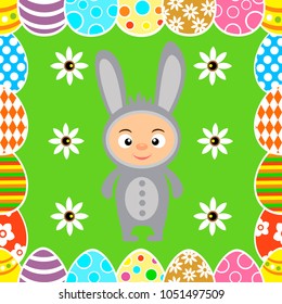 Easter seamless with kid in rabbit costume.Vector illustration