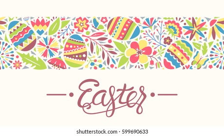 Easter Seamless Ornament Line with Eggs and Flowers Isolated on Beige Background