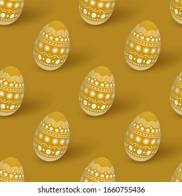 Easter seamless pattern with 3d Easter eggs decorated with ornament, yellow minimal monochrome design, festive background