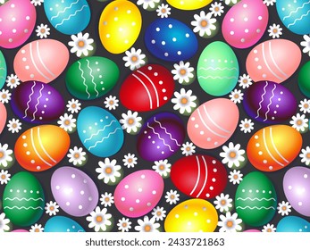Patrón sin costuras de Pascua con huevos 3d y margaritas sobre un fondo oscuro.