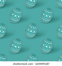 Easter seamless pattern with 3d turquoise Easter eggs decorated with ornament, minimal monochrome design, festive background