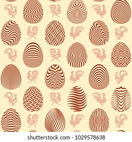 Easter seamless pattern with abstract eggs and roosters. Endless decorative background. Vector illustration