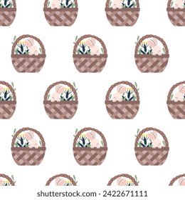 Easter seamless pattern. Adorable easter rabbit with traditional festive decor. Spring elements, eggs, Christian holiday, Easter baskets, flowers. Vector illustration isolated on white background