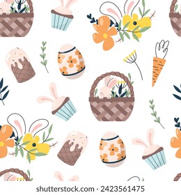 Easter seamless pattern. Adorable easter rabbit with traditional festive decor. Spring elements, eggs, Christian holiday, Easter baskets, flowers. Vector illustration isolated on white background
