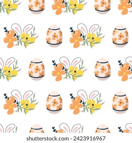 Easter seamless pattern. Adorable easter rabbit with traditional festive decor. Spring elements, eggs, Christian holiday, Easter baskets, flowers. Vector illustration isolated on white background